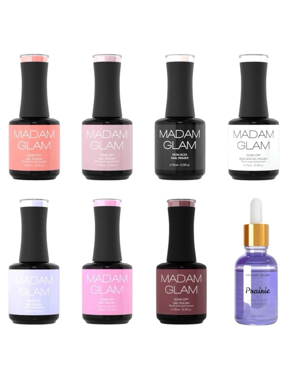 MADAM GLAM SOAK-OFF GEL POLISH + CUTICLE OIL & PRIMER BUNDLE (8PCS) BRAND NEW